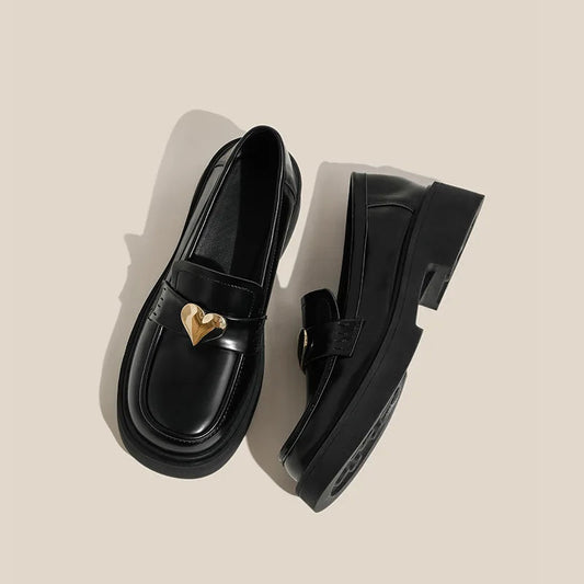 Retro British Style Chunky Heel Slip on Leather Round Toe Platform Flats Loafers
