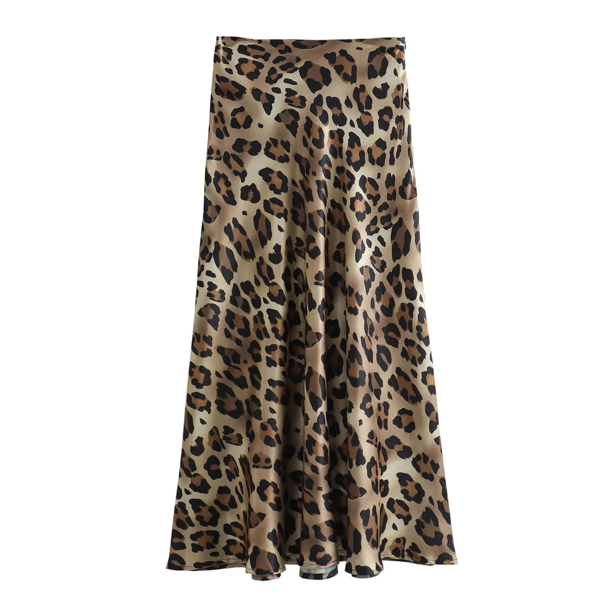Female Retro Leopard Print Summer High Waist Satin A-line Skirt