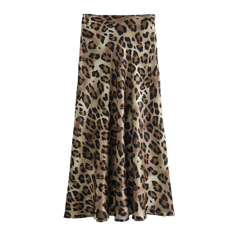 Female Retro Leopard Print Summer High Waist Satin A-line Skirt