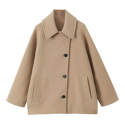 Winter Loose Short Stand Long Wool Blended Khaki Coat