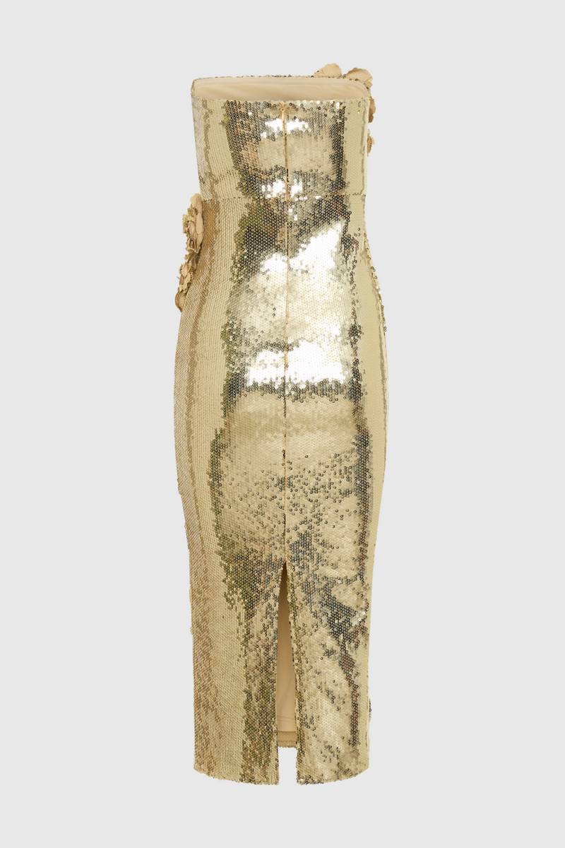 Tambi Strapless Sequin Midi Dress
