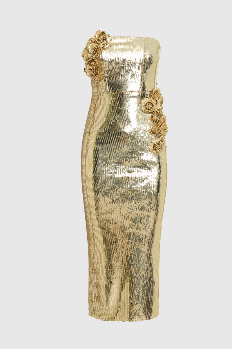 Tambi Strapless Sequin Midi Dress