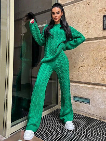 Autumn Knit Outfits Two Piece Sets Rib Loose Pullover and Wide Legs Pants Sweater Suit Matching Sets