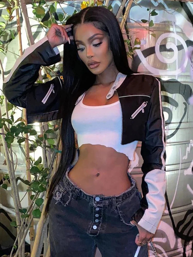 Pu Leather Jackets Coats Autumn Patchwork Long Sleeve High Street Cropped Jackets Motorcycle Y2k Tops