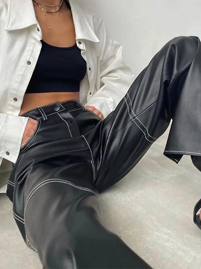 Pu Leather Straight Pants Black High Waist Long Pant for Autumn Style Trousers Y2k