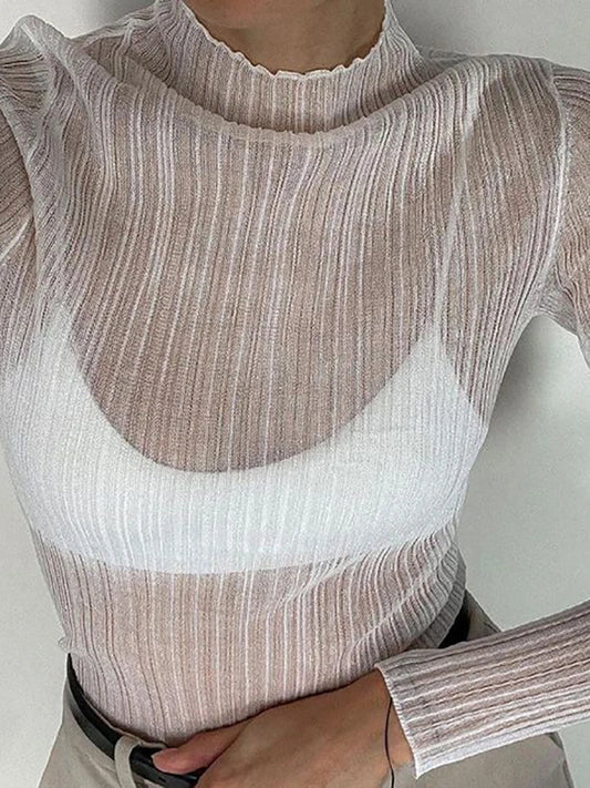 See Through Knitted T-shirts Autumn White Long Sleeve Mock Neck Tops Femme High Street Slim Tops Tee