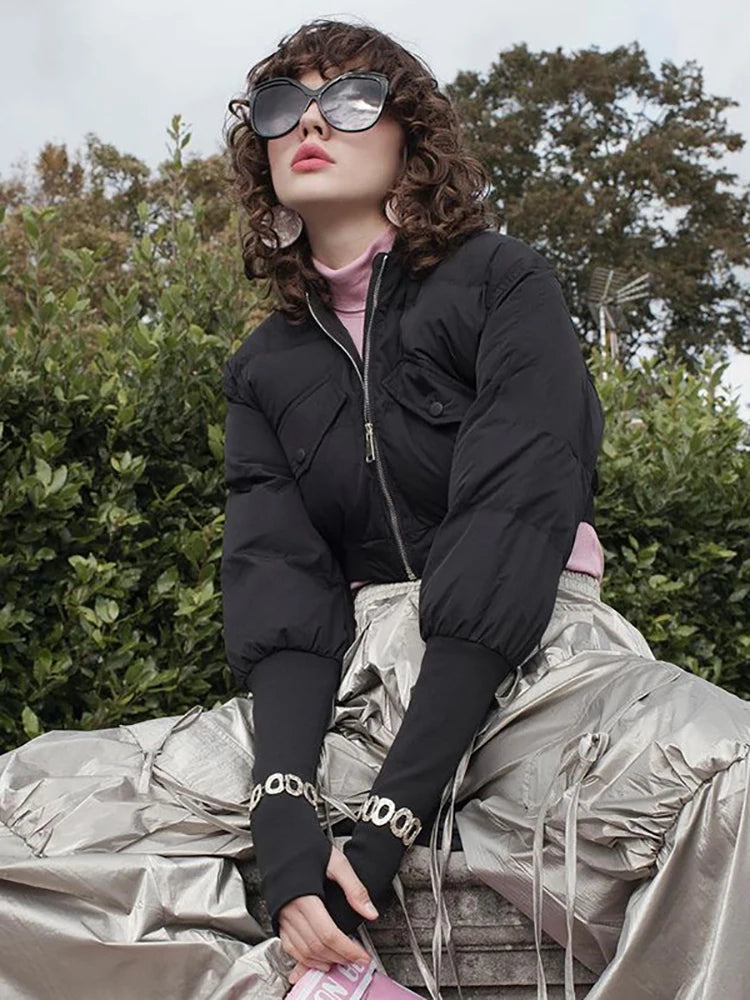 Winter Parkas Coats Long Sleeve Zipper Puffer Jacket Black High Collar Down Warm Coat Clothing