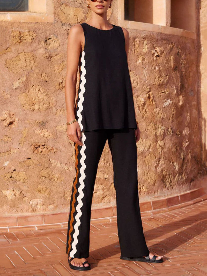 Sleeveless Loose Slit Top and Wide-leg Pants Set