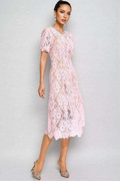 Nelia Pink Cut Out Lace Midi Dress