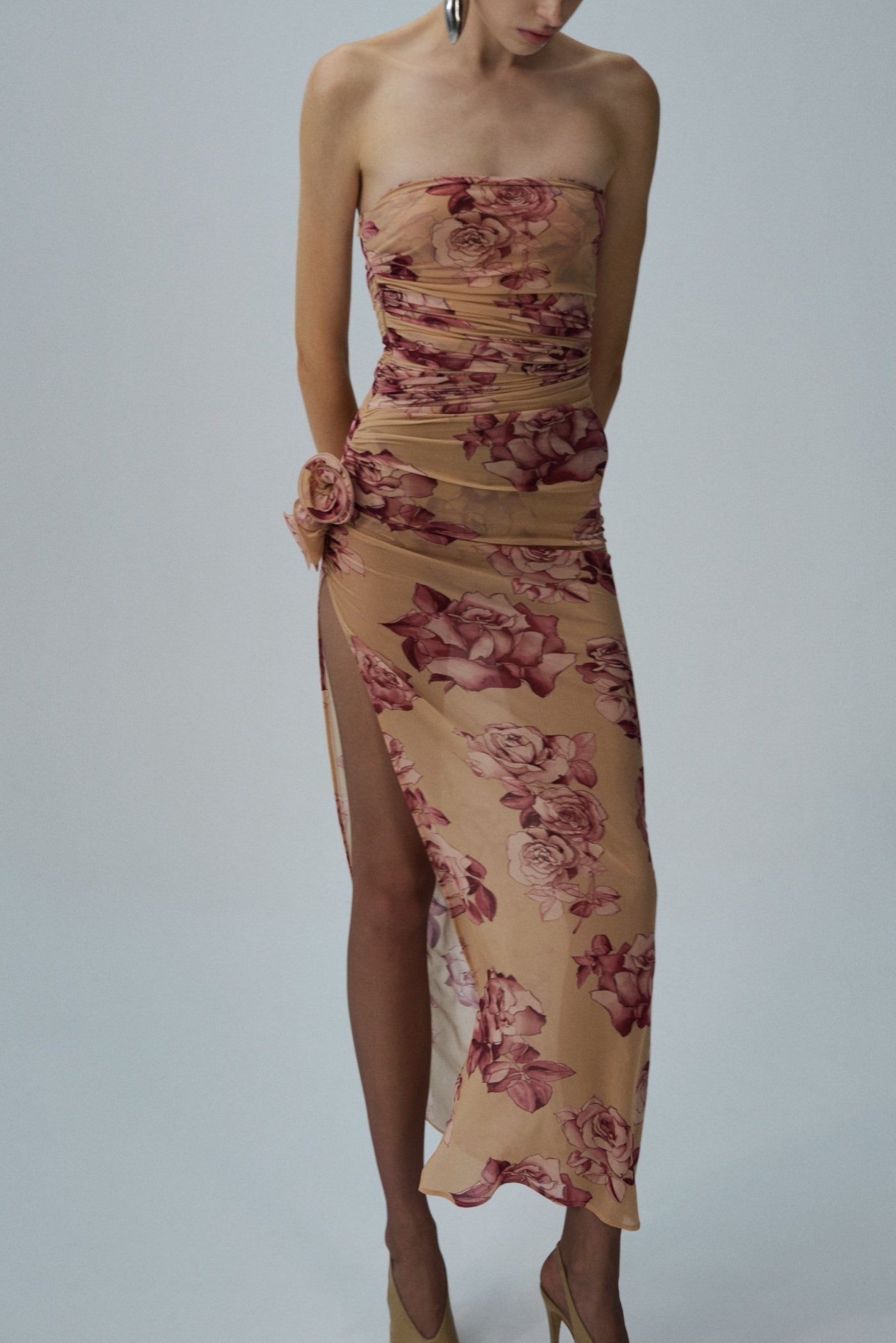 Taysia Strapless Ruched Midi Dress