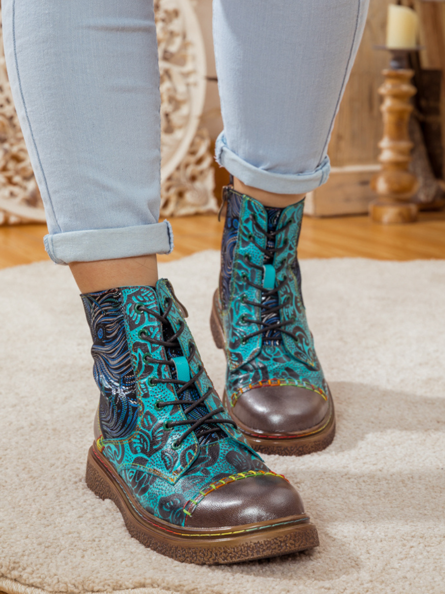Soffia | Peacock Feather Embossed Leather Combat Boot