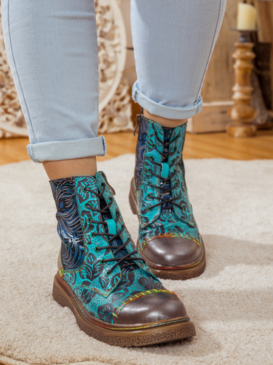 Soffia | Peacock Feather Embossed Leather Combat Boot