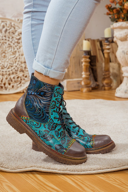 Soffia | Peacock Feather Embossed Leather Combat Boot