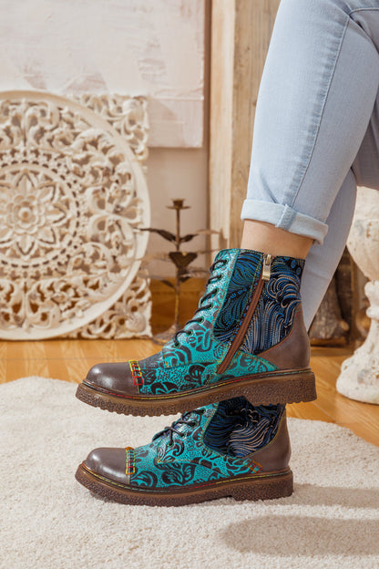 Soffia | Peacock Feather Embossed Leather Combat Boot