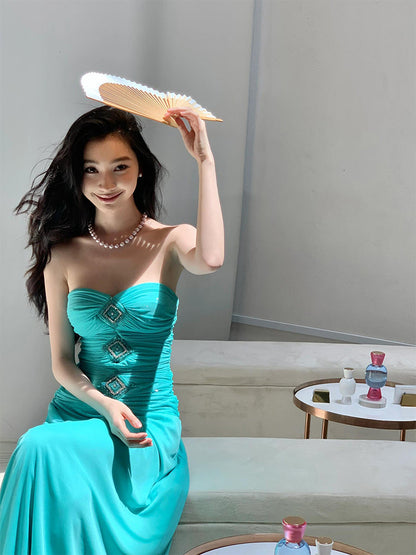 Teal Strapless Corset Maxi Dress _ Sophisticated & Slimming Vacation Look