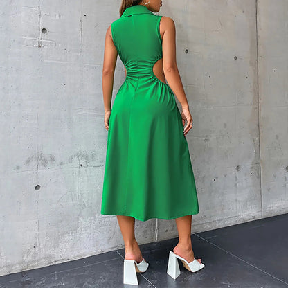 Tempting Cut Out A-line Turn-down Collar Sleeveless High Waist Slim Midi Dress