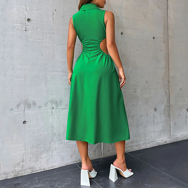Tempting Cut Out A-line Turn-down Collar Sleeveless High Waist Slim Midi Dress