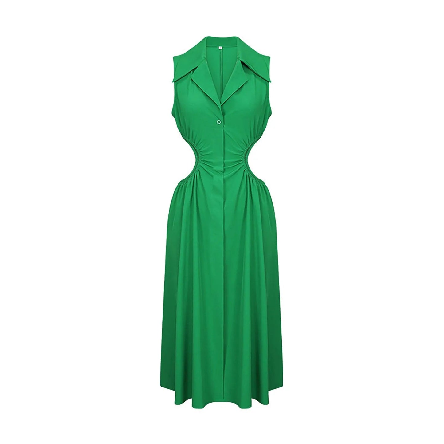 Tempting Cut Out A-line Turn-down Collar Sleeveless High Waist Slim Midi Dress