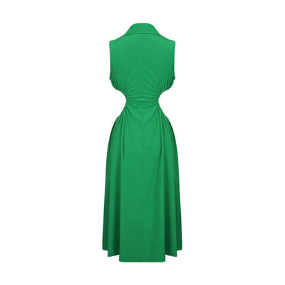 Tempting Cut Out A-line Turn-down Collar Sleeveless High Waist Slim Midi Dress
