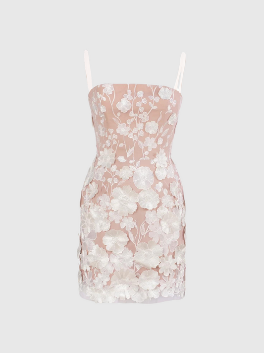 Teresa Mesh Flower Embroidered Mini Dress in White