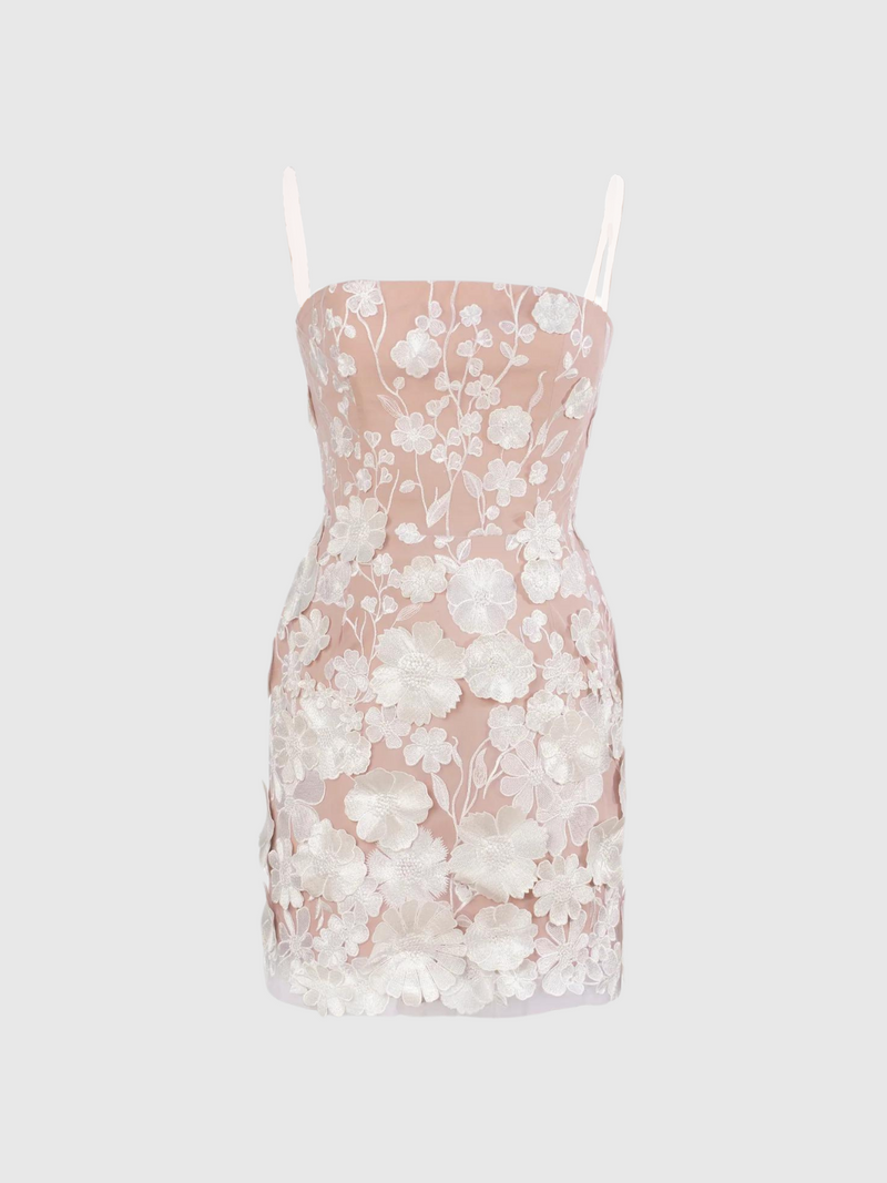 Teresa Mesh Flower Embroidered Mini Dress in White