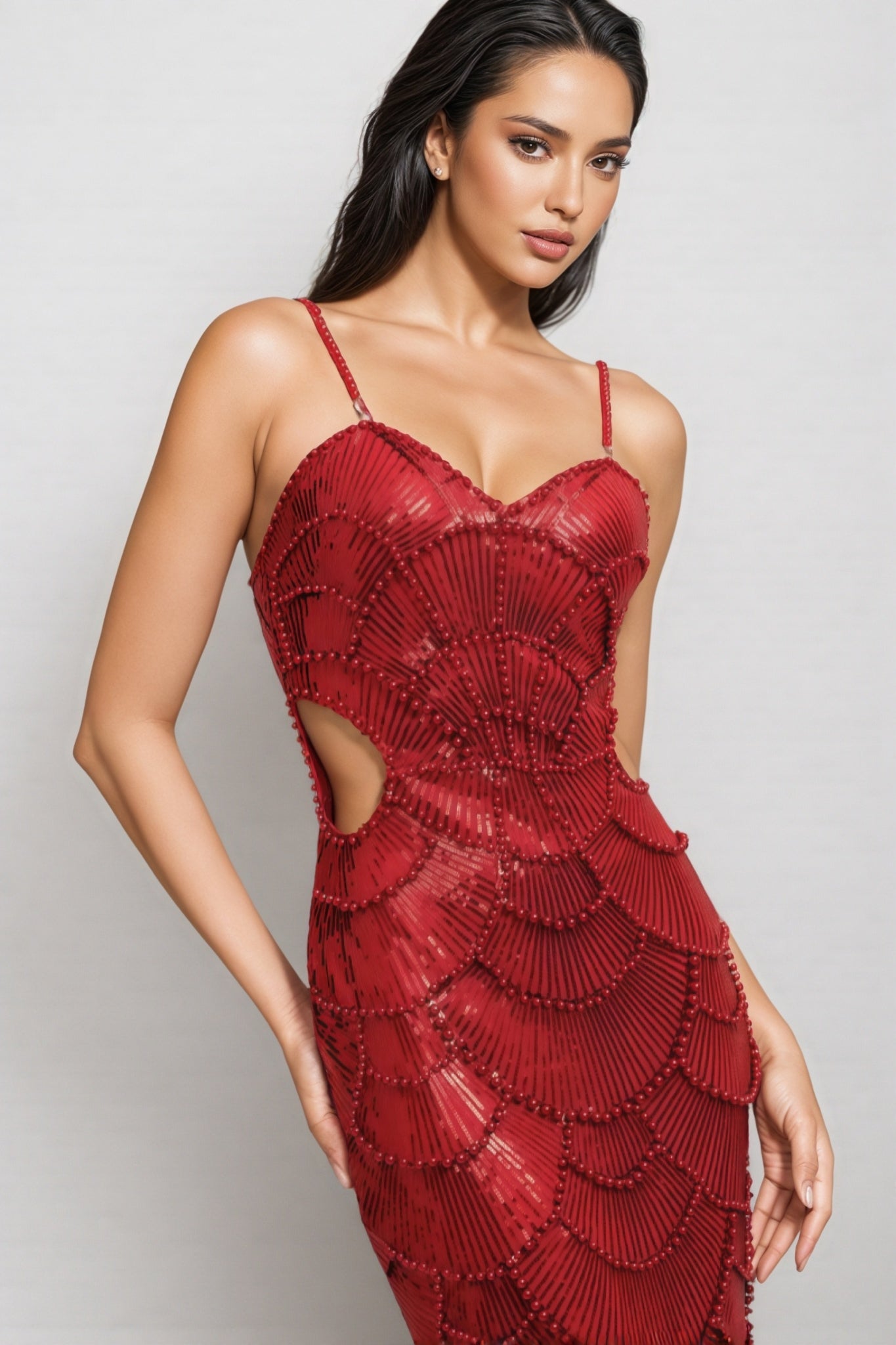 Kaya Sleeveless Pearl Sequin Midi Dress