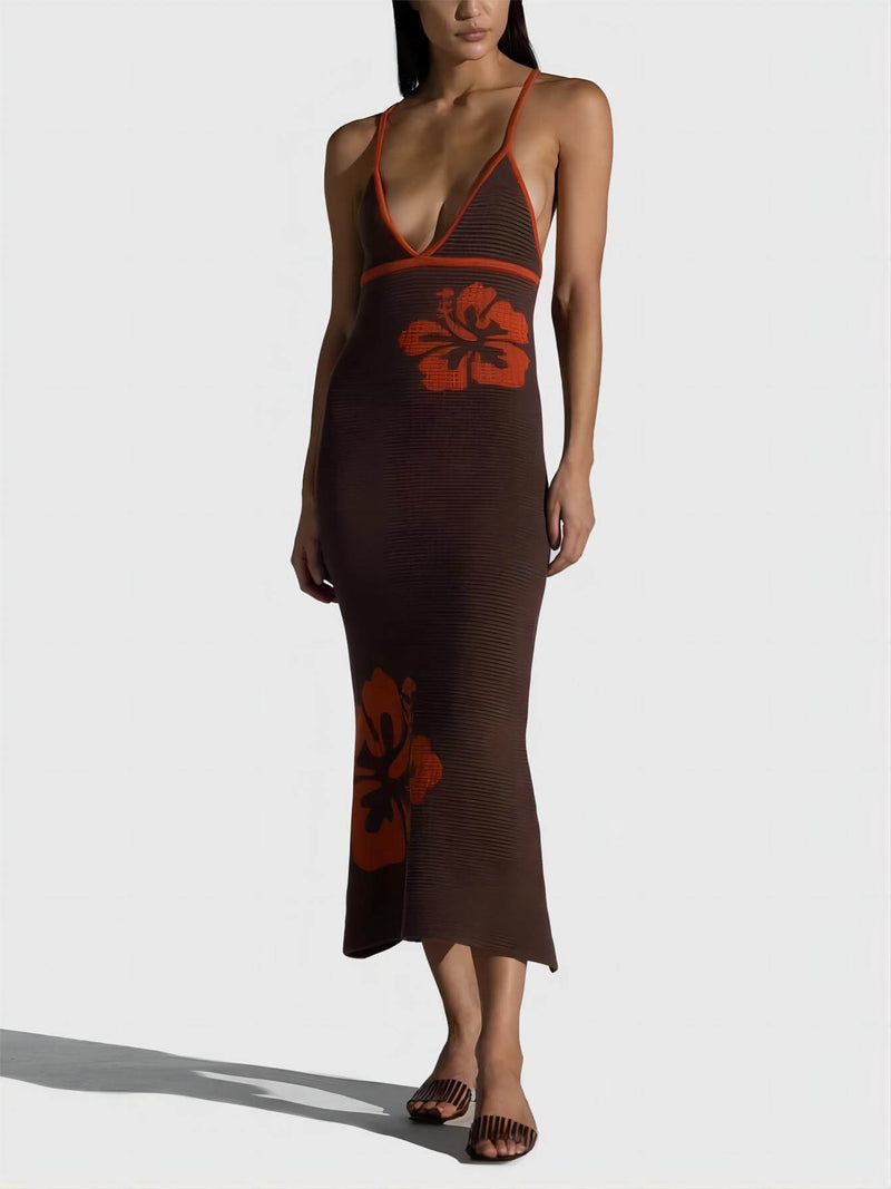 Knitted Suspender Halterneck V-neck Backless Midi Dress