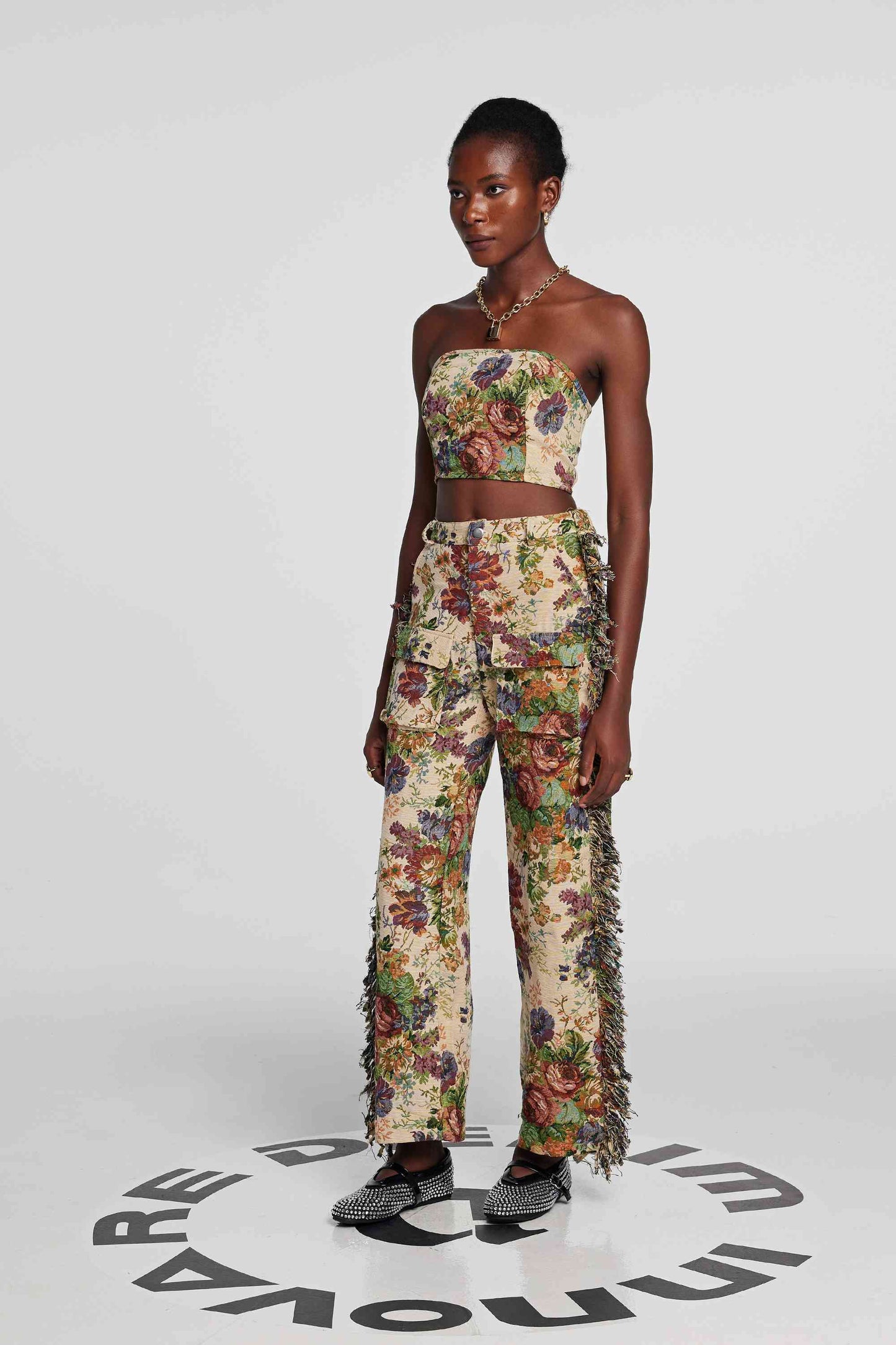 Theia Jacquard Pants Set in Beige