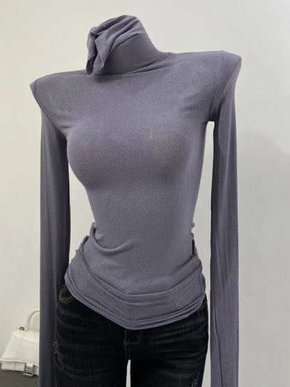 Thin Soft American Long Sleeve T-shirt High Stacked Neck Tight Perspective Bottom Shirt ’s Slim Fit Tops