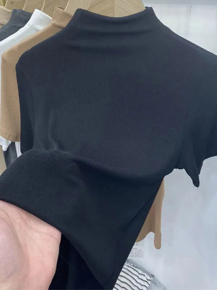 Threaded Short Sleeves T-shirts Summer New Turtleneck Slim Elastic Long-sleeved Female Buttoming Pulls Top Tees