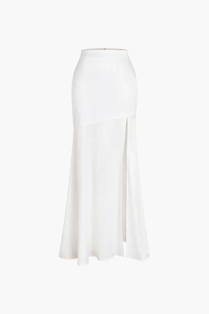 Tiaka White Satin Patchwork Split Maxi Skirt