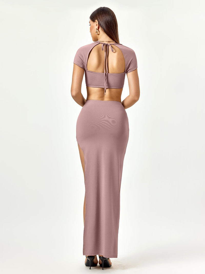 Tie Back Cut Out Crop Top&split Thigh Bodycon Skirt