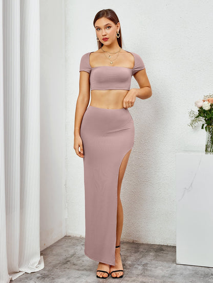 Tie Back Cut Out Crop Top&split Thigh Bodycon Skirt