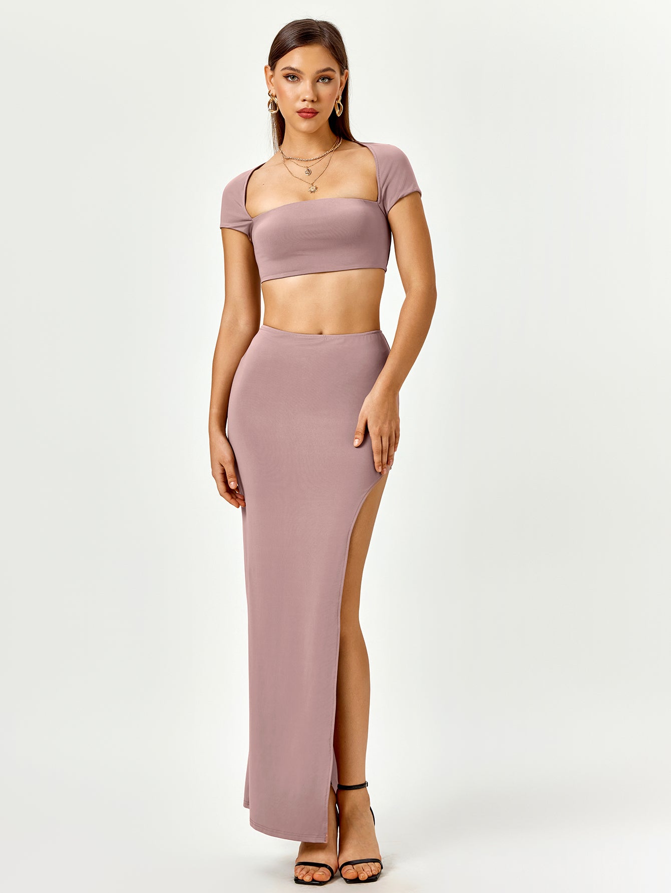 Tie Back Cut Out Crop Top&split Thigh Bodycon Skirt