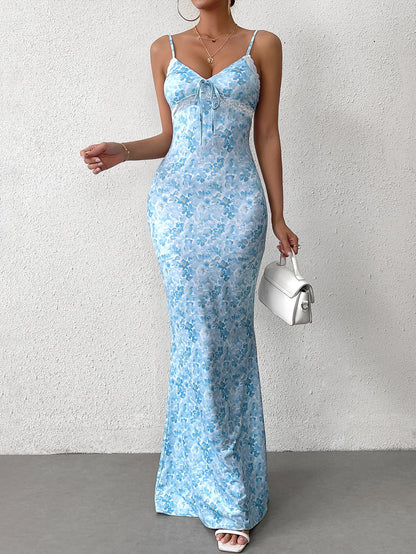 Tie Front V-neck Lace Spliced Print Mermaid Dress