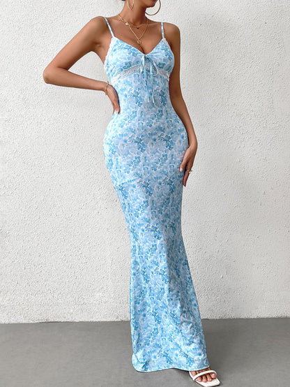 Tie Front V-neck Lace Spliced Print Mermaid Dress