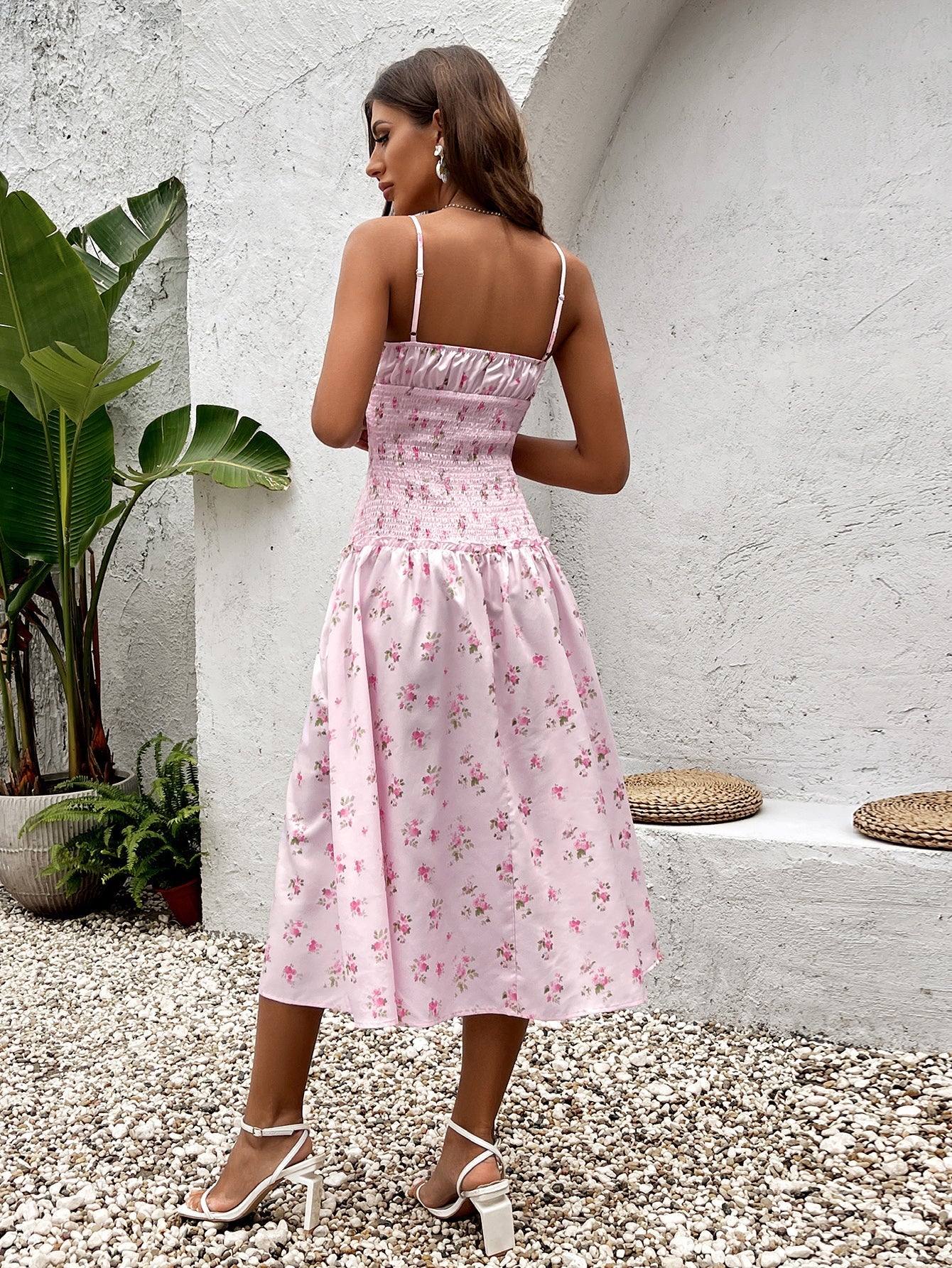 Tie Front Waist Ruched Print Cami Dress