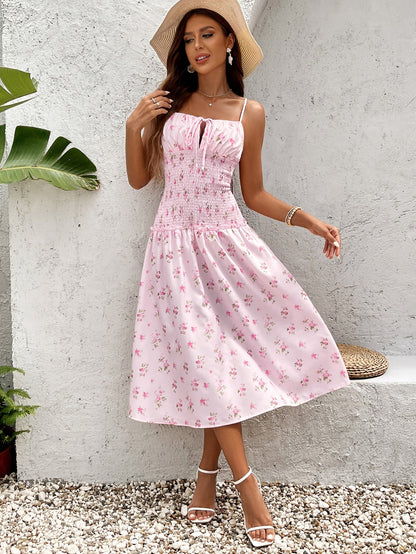 Tie Front Waist Ruched Print Cami Dress