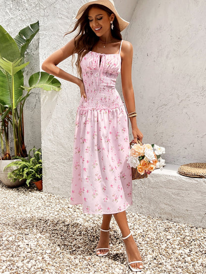 Tie Front Waist Ruched Print Cami Dress