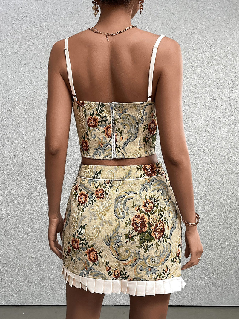 Tie Front Zipper Back Jacquard Cami Top&spliced Hem Skirt