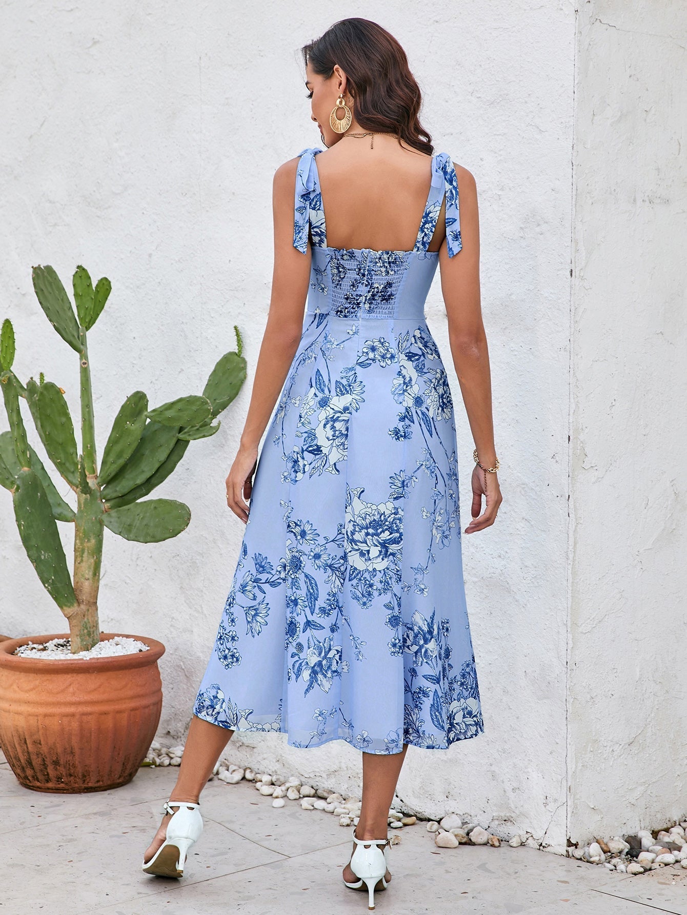 Tie Shoulder Backless Print Slit Hem Dress