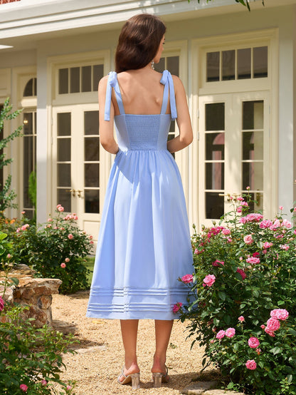 Tie Shoulder V-neck Pleated Pocket Dress