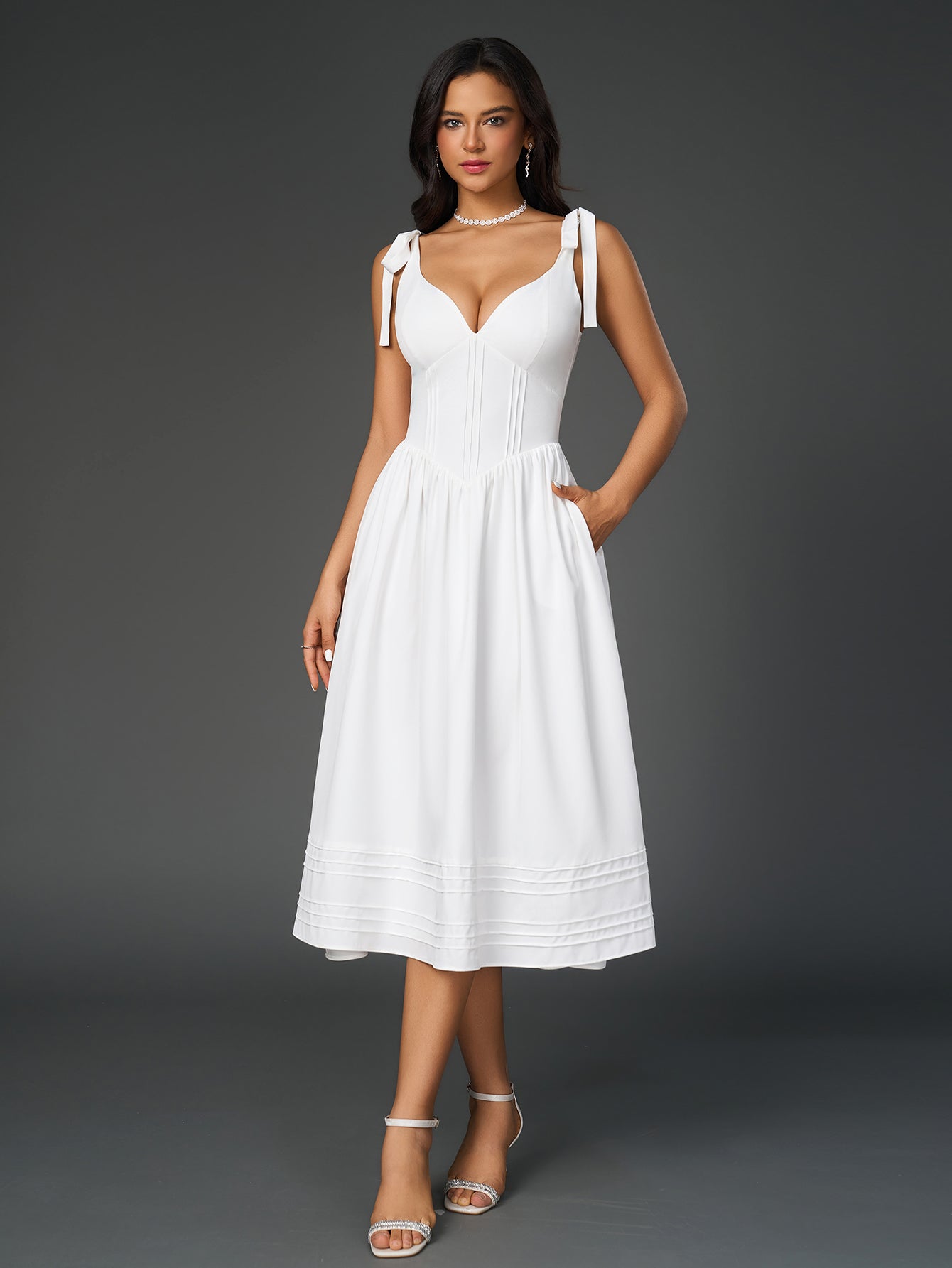 Tie Shoulder V-neck Pleated Pocket Dress