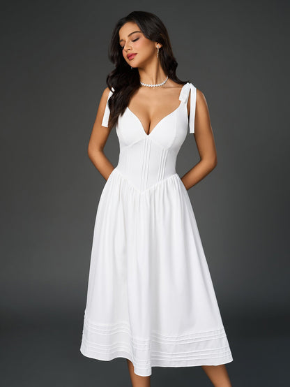 Tie Shoulder V-neck Pleated Pocket Dress