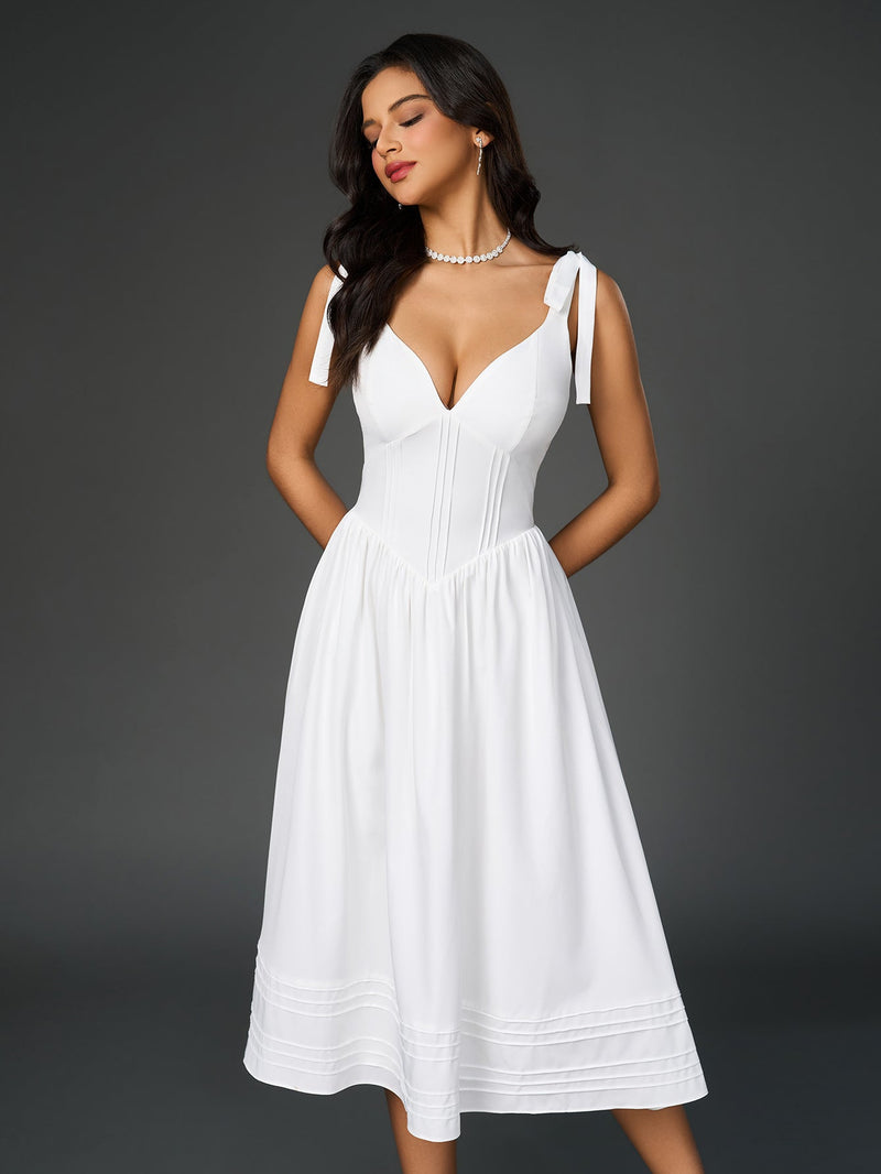 Tie Shoulder V-neck Pleated Pocket Dress