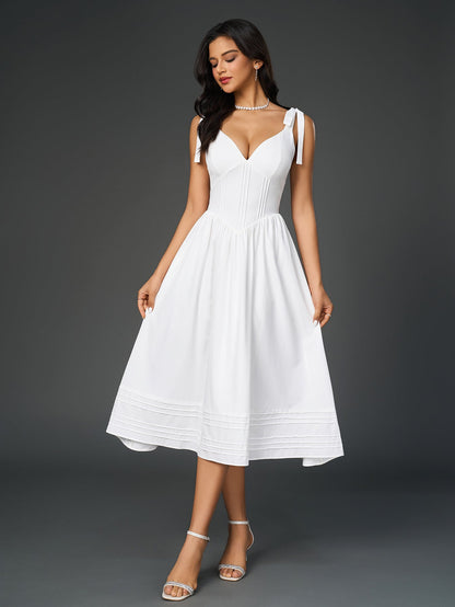 Tie Shoulder V-neck Pleated Pocket Dress