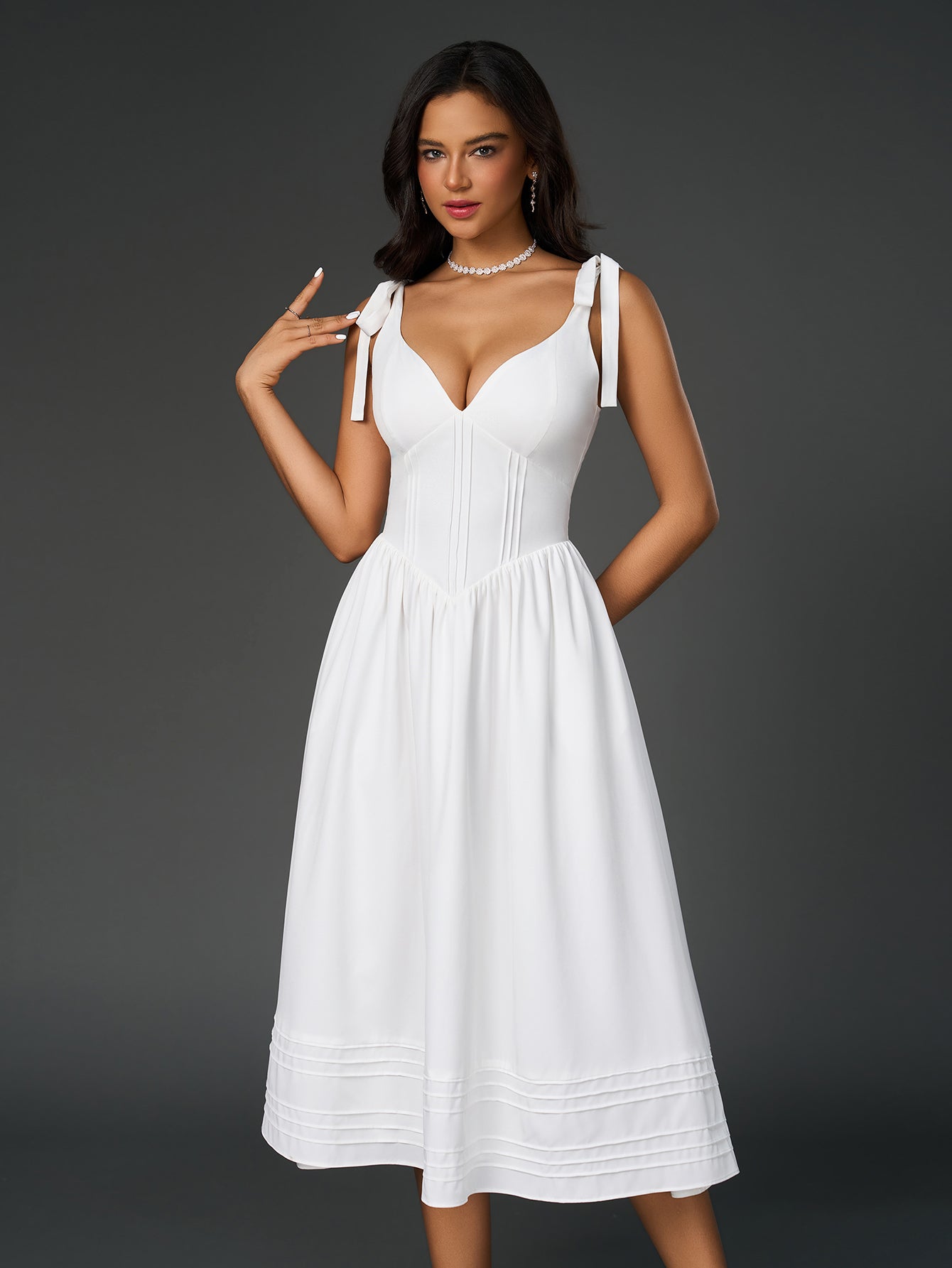 Tie Shoulder V-neck Pleated Pocket Dress