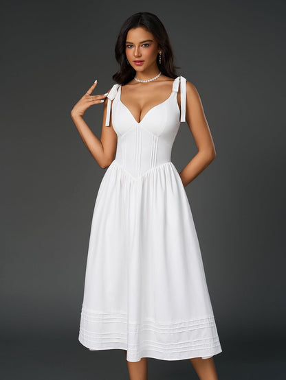 Tie Shoulder V-neck Pleated Pocket Dress
