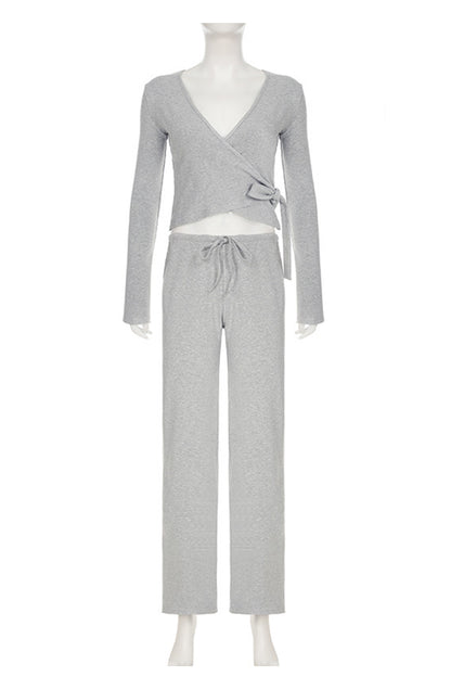 Tie-up Plush Lined Crop Top Pants Set