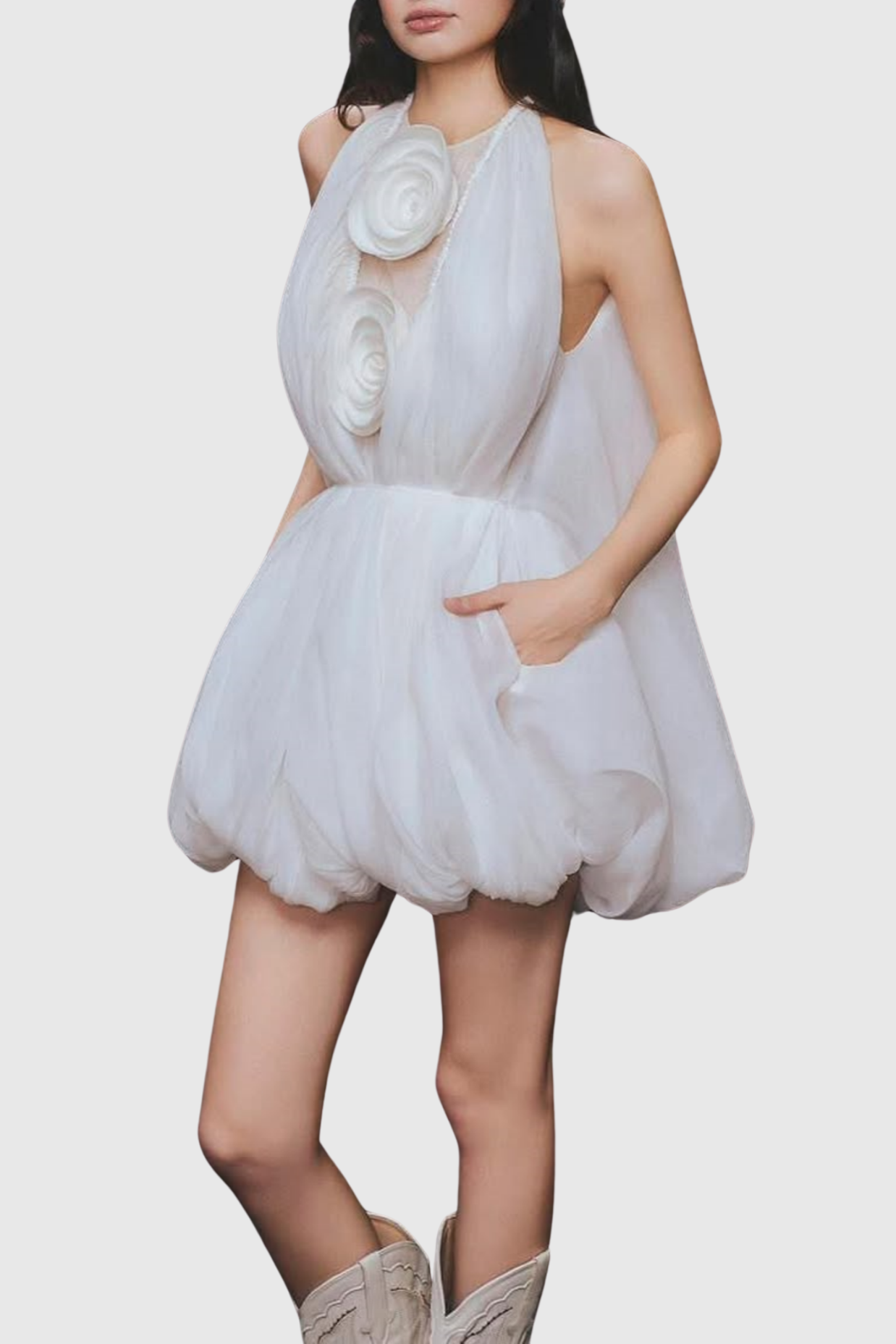 Tlora Applique Halter Puffy Mini Dress